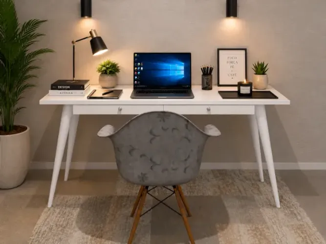 Mesa de Escritório Dell Clean. Em Madeira Maciça L110CM X P50cm x A76CM. 2Gavetas