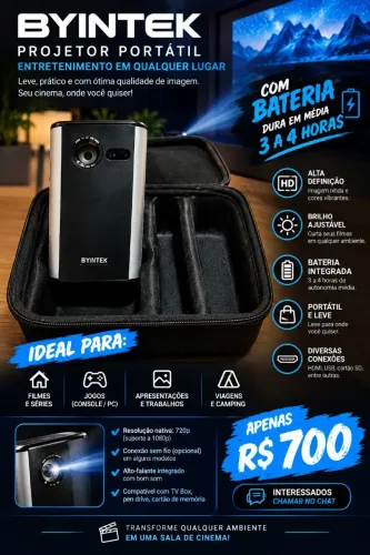 Projetor byintek portátil com bateria e funciona tamb com Power bank