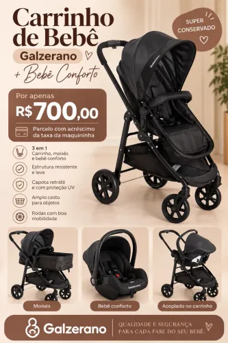 Carrinho de bebê com bebê conforto da marca Galzerano