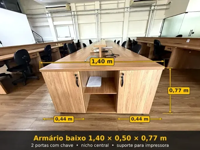 Armário Baixo Escritório 1,40m 2 Portas com Chave e Nicho - Suporte p/ Impressora