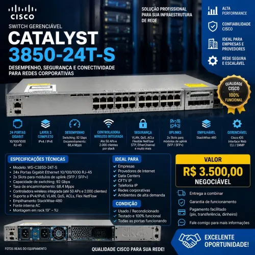 Switch Cisco Catalyst 3850-24T-S 24 Portas Gigabit L3