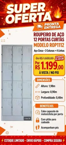 SUPER OFERTA | Roupeiro de Aço 12 Portas ROP1112 - Cabe Capacete | Pronta Entrega