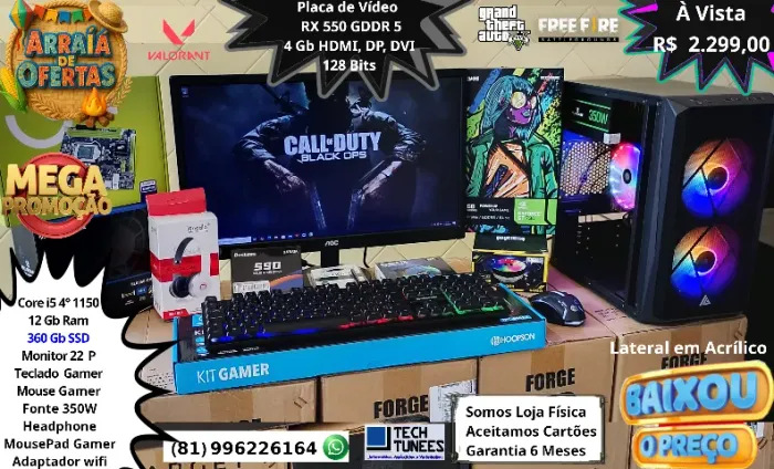 PCs Gamer Completo - Core i5, Core i7 - 12Gb Ram - 360 Gb - Monitor 22 - Placa de Vídeo