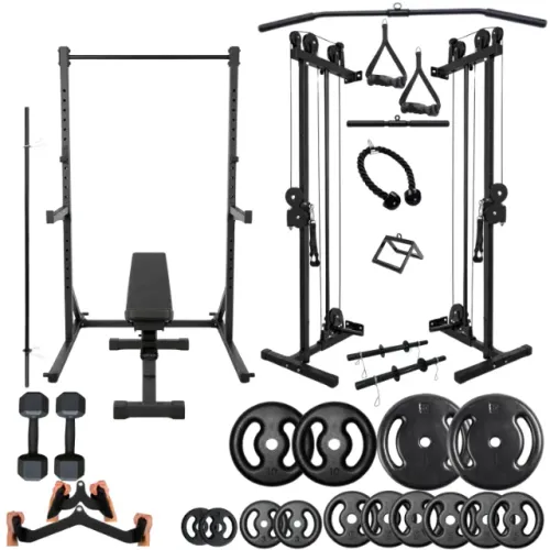 Kit Academia Home Gym Completo Polia + 100kg Anilhas + Barras e Puxadores