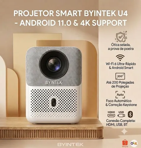 Projetor Byintek U4 4K + Caixa de Som MLOVE P3 40W + Tela Reflexiva