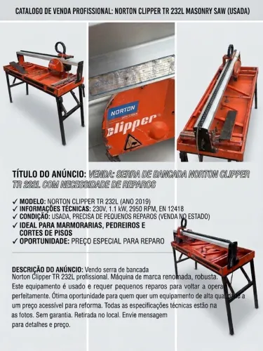 Venda: Serra de Bancada Norton Clipper TR 232L com Necessidade de Reparos