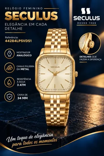 Relogio Seculus Feminino Quadrado Dourado Aço 44284lpsvds1