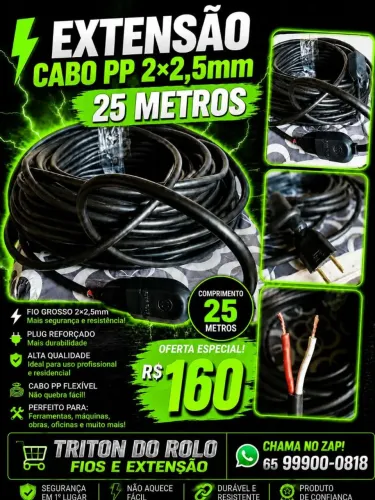 Extensão Cabo PP 2×2.5 mm Flexível 25 Metros