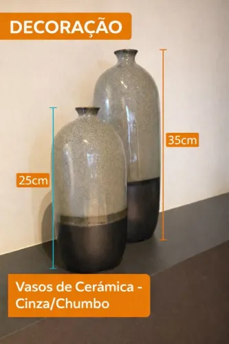 2 Vasos em Cerâmica Cinza/Chumbo - Mescla - Adorno Decoração