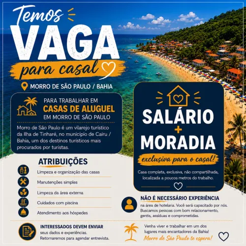 Vaga  pra casal  pra trabalhar em hospedagem em Morro de São Paulo/ Bahia