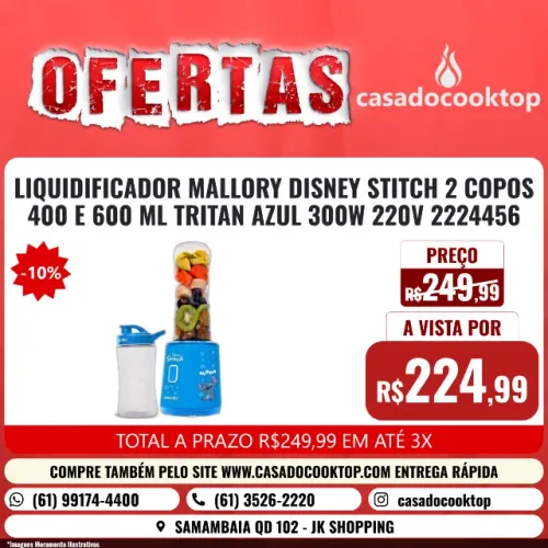 LIQUIDIFICADOR MALLORY DISNEY STITCH 2 COPOS 400 e 600 ML TRITAN AZUL 300W 220V 2224456