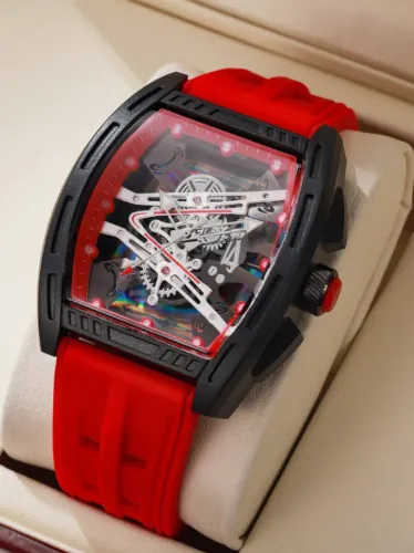 (NOVO) - Relógio Tonneau Elegante de Pulso Vermelho - Pulseira de Silicone