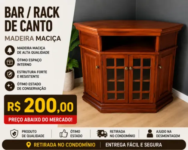 Bar / Rack de Canto em Madeira Maciça com Vidro
