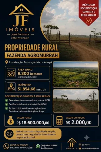 VENDE-SE ÁREA RURAL DE 9.300 HECTARES EM TARTARUGALZINHO