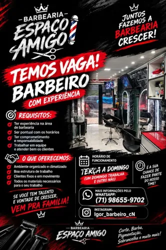VAGA PARA BARBEIRO - BARBEARIA ESPAÇO AMIGO