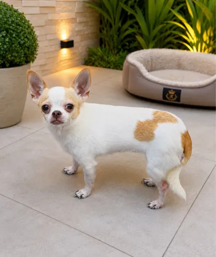 Chihuahua fêmea com documento em mãos