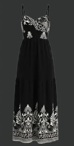 Vestido Longo Preto com detalhes Brancos
