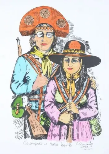 J. Queiroz, Quadro Serigrafia, 47x33cm, Lampião e M. Bonita, Sem Moldura, Data 2003.