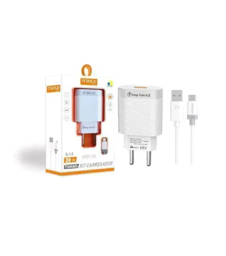 CARREGADOR 1 USB TURBO 1 CABO TIPO-C PARA USB 30W A´GOLD CA39-3/TIPO-C