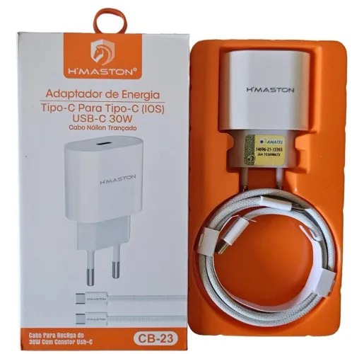 Carregador USB C 30W turbo rapido celular iphone android  H'MASTON - Cabo Nylon Trançado