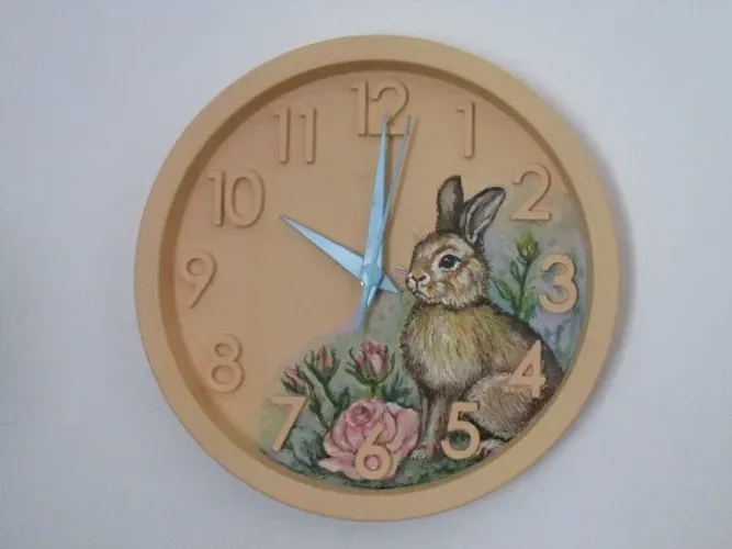 Relógio 3D pintado à mão com coelhinho vitoriano, 23,5cm de diâmetro