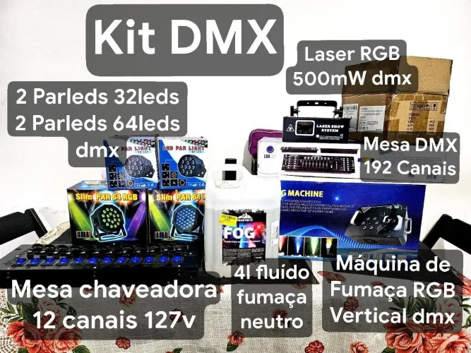KIT FESTA COMPLETO DMX - Iluminação + Fumaça + Laser 