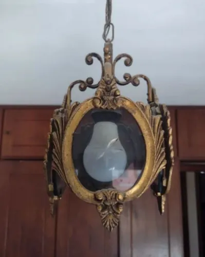 Lustre Pendente de Bronze com Vidros Fumê Lapidados