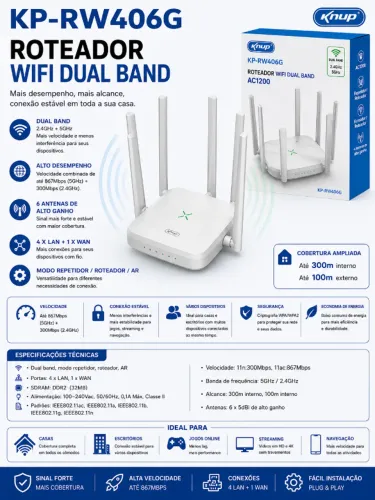 Roteador Wi-Fi Dual Band Knup KP-RW406G Gigabit Alta Velocidade