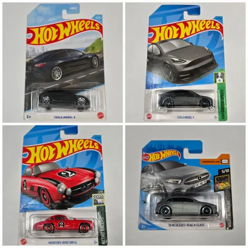 4 Hot Wheels - Lote - Tesla Model 3, Tesla Model Y, Mercedes Classe A e Mercedes 300 SL