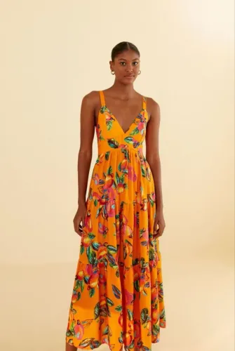 Vestido Farm babados longo estampado "Caju Céu". - M 
