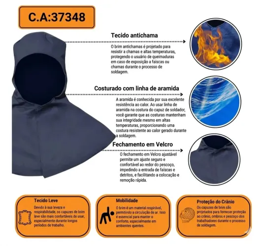 Capuz Balaclava de Soldador para Alta Temperatura, Brim Antichamas, Velcro Teknoluvas NOVO