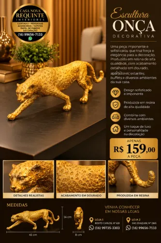 Escultura Decorativa Onça Dourada em Resina - 41 cm