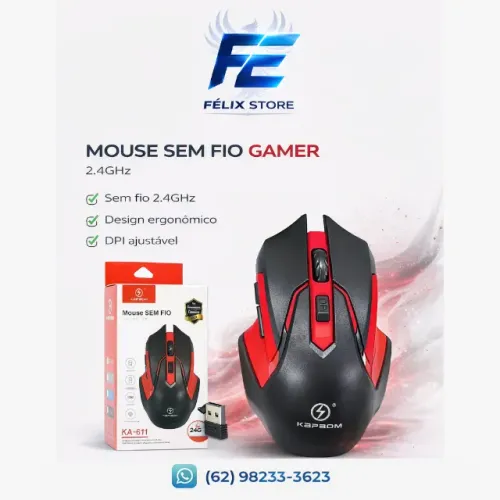 Mouse Gamer Sem Fio Kapbom KA-611 Preto Ergonômico DPI Ajustável USB 2.4GHz