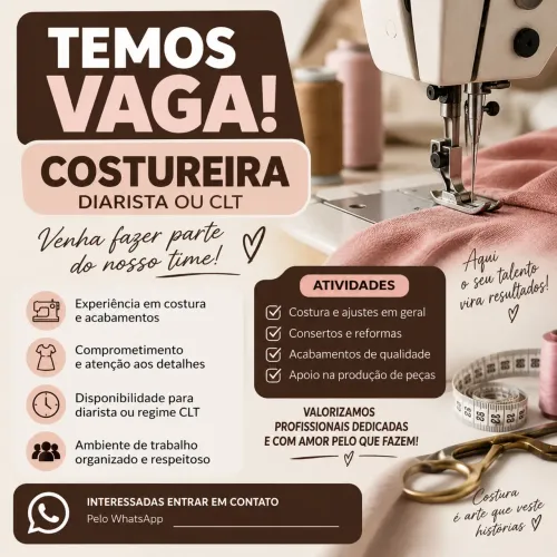 Estamos contratando Costureira - Diarista ou CLT ?