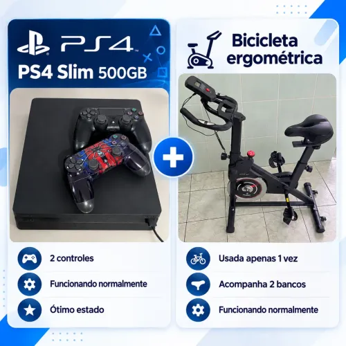 PS4 Slim 500GB 2 Controles + Bicicleta Ergométrica com 2 Acentos