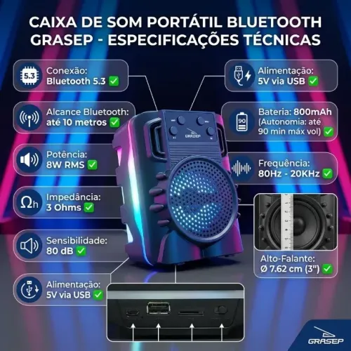 Caixa de Som Portátil Bluetooth 8W - Pendrive/Fm/Cartão De Memória e Função Tws