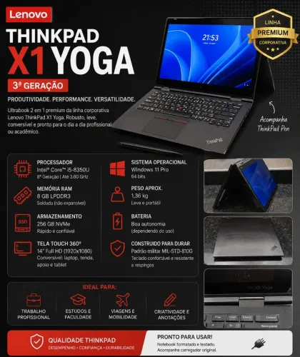 Lenovo ThinkPad X1 Yoga 3ª Geração | Core i5 | 8GB | SSD NVMe | Touch 360°