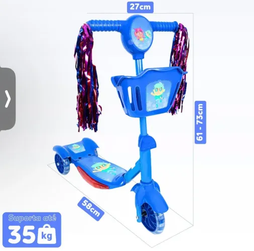 Patinete Infantil 3 Rodas Com Led Som E Cesta  Cor Azul