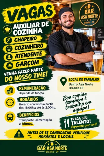 Vagas Bar Asa Norte Auxiliar de Cozinha Chapeiro Cozinheiro Atendente
