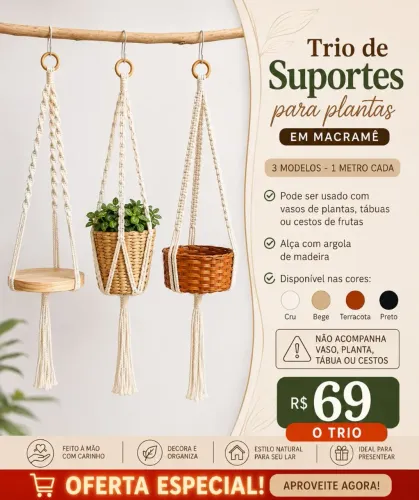 Trio de Suportes para plantas em Macramê, Suporte de plantas, Macramê para plantas
