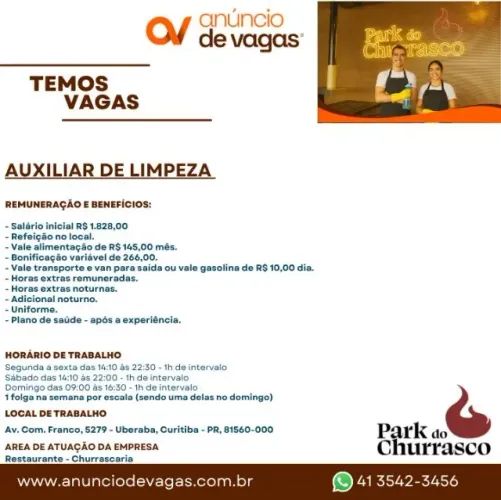 Auxiliar de limpeza - Park do Churrasco - Uberaba/Curitiba 