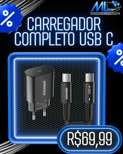 Carregador Completo Essager 25W USB-C + Cabo 100W de 2 Metros PD6