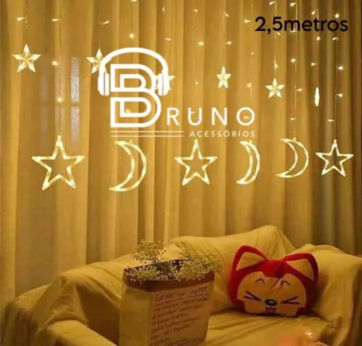 Cortina de Led Decorativa Natal Estrela e Lua 2,5 metros