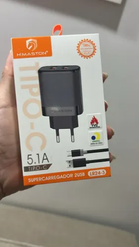 Carregador Duplo USB Turbo com cabo Tipo-C 5.1A Preto Smartphones
