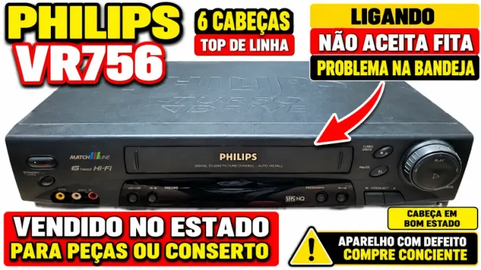 VÍDEO CASSETE PHILIPS VR756 - 6 CABEÇAS HI-FI ESTÉREO - COM DEFEITO - PARA PEÇAS OU CONSER