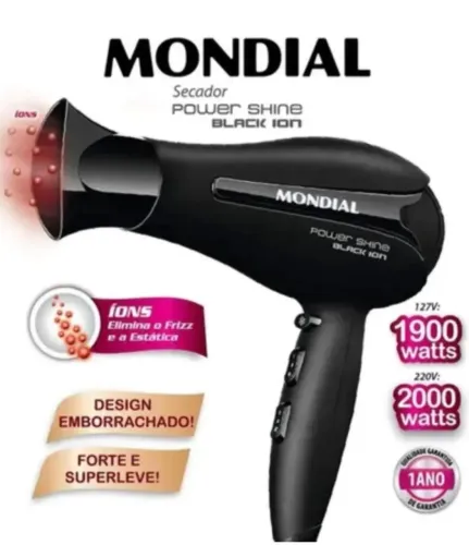 SECADOR DE CABELO MONDIAL POWER SHINE BLACK 3 TEMPERATURAS 2000W 110