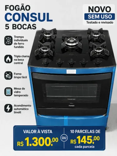 Fogão piso 5 bocas -NOVO - Consul-com Acend. Automático, mesa vidro, tremp ferro fundido
