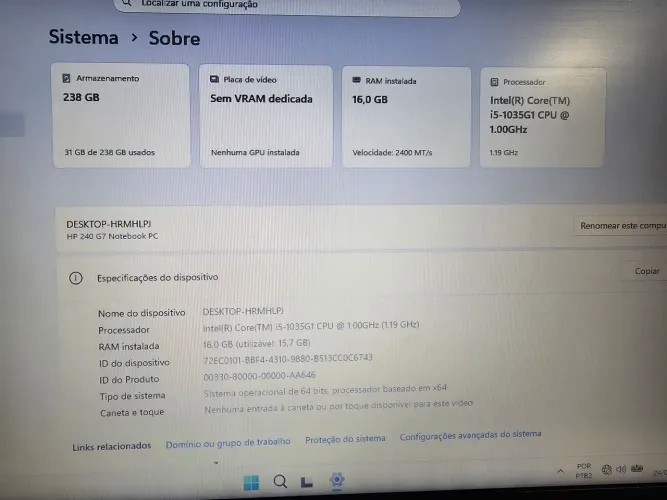 Notebook HP 240 G7 - i5 10ª Geração - 16GB RAM - SSD 256GB NVMe - Windows 11
