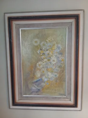 QUADRO ANTIGO A ÓLEO SOBRE TELA MARGARIDAS (GIOVANI BAHIA 1990 ) GRANDE 67X87 CM