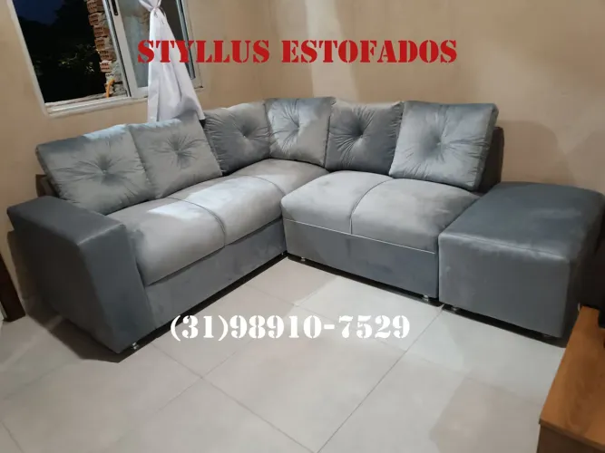 Sofá de Canto Suede Cinza - Novo
